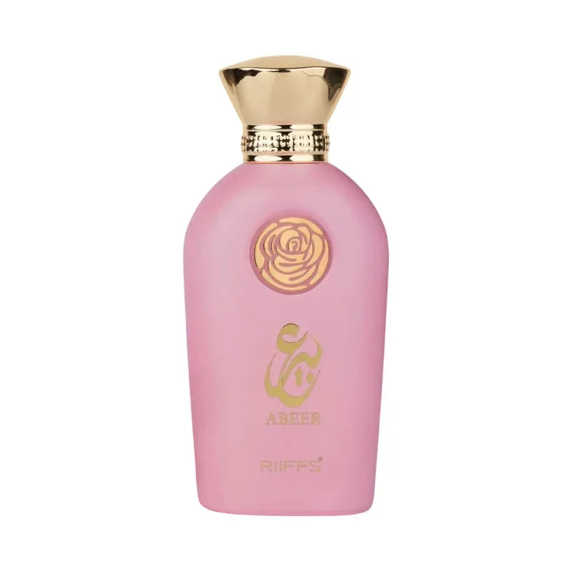Flacon de parfum rose Abeer Riiffs avec bouchon doré élégant