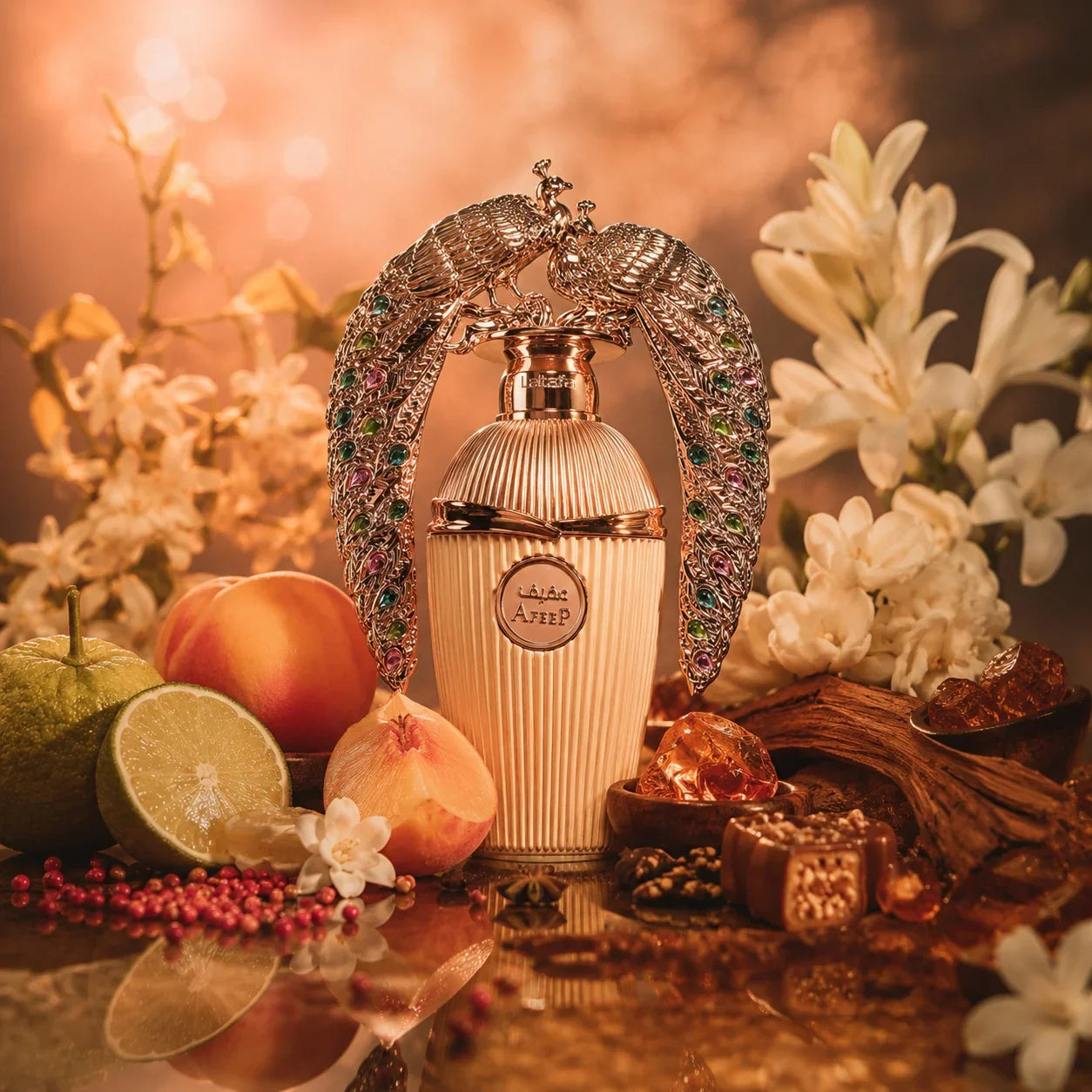ARVOLA_SHOWCASE — Afeef Lattafa, photo artistique (bergamote, jasmin, bois de santal, ambre)