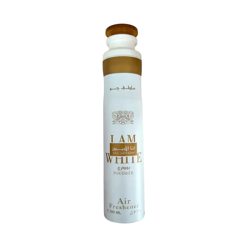 Désodorisant d'ambiance I AM WHITE Poudrée, flacon blanc et doré de 300 ml.