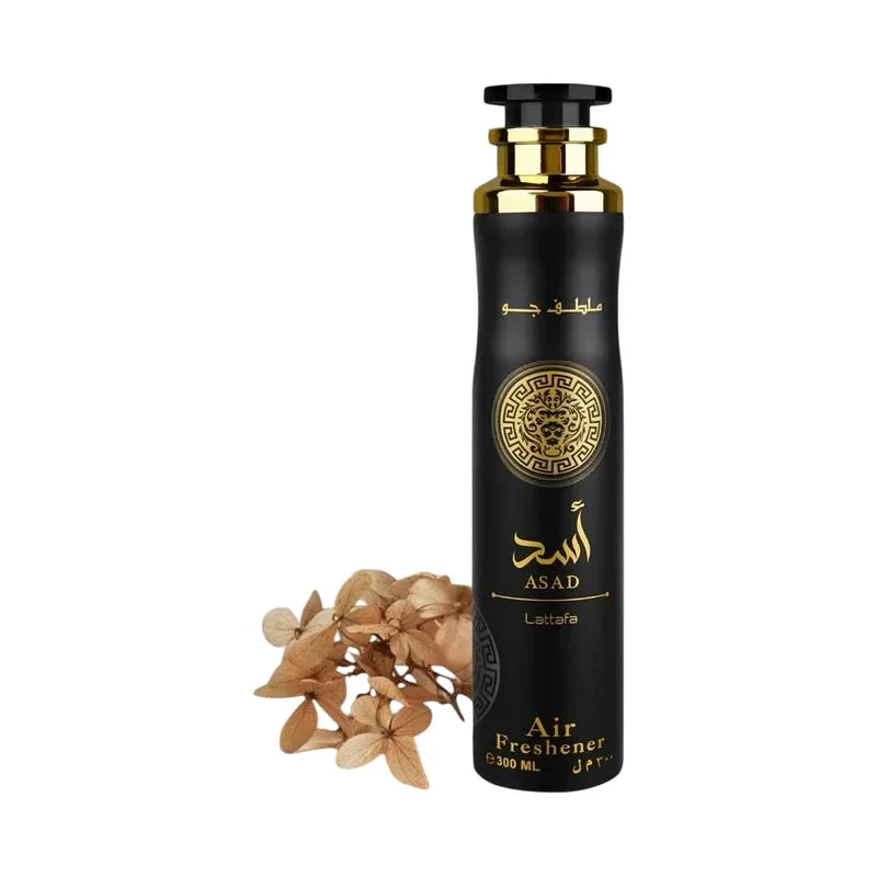 Désodorisant d'ambiance Lattafa Asad 300 ml noir et doré avec fleurs séchées