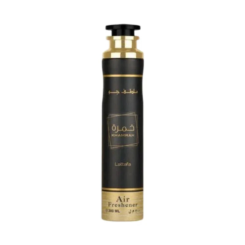Désodorisant pour l'air Khamrah de Lattafa en flacon noir et doré de 300 ml