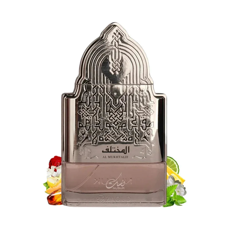 Flacon de parfum Al Mukhtalif de Nusuk avec motifs orientaux et notes d'agrumes