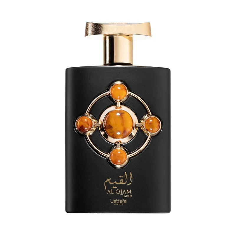 Parfum Al Qiam Gold de Lattafa dans un flacon noir élégant avec détails ambrés et dorés