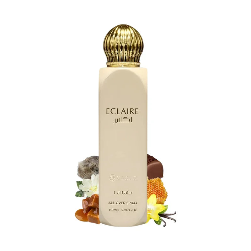 Parfum Eclaire de Lattafa, flacon élégant avec bouchon doré et notes de miel et vanille.
