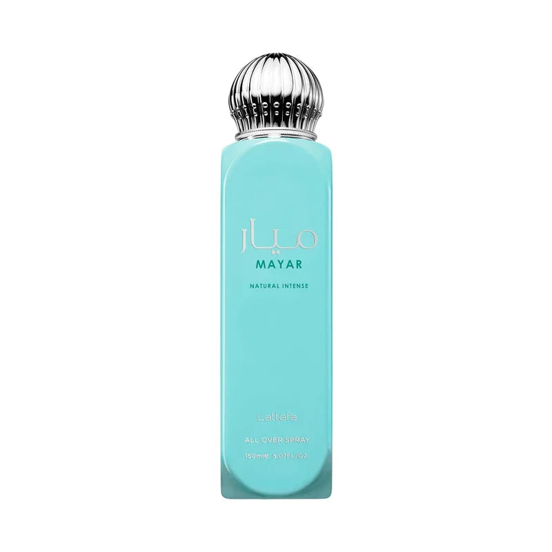 Parfum Mayar Natural Intense Lattafa en spray tout corps, flacon bleu turquoise avec bouchon argenté