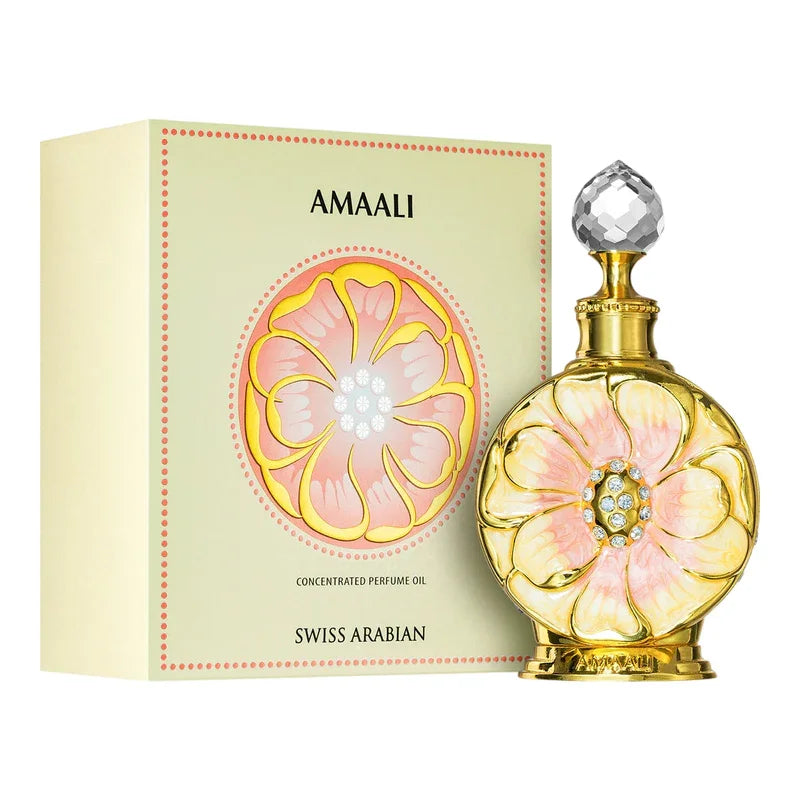 Huile de parfum concentrée Amaali de Swiss Arabian dans un flacon doré floral orné.