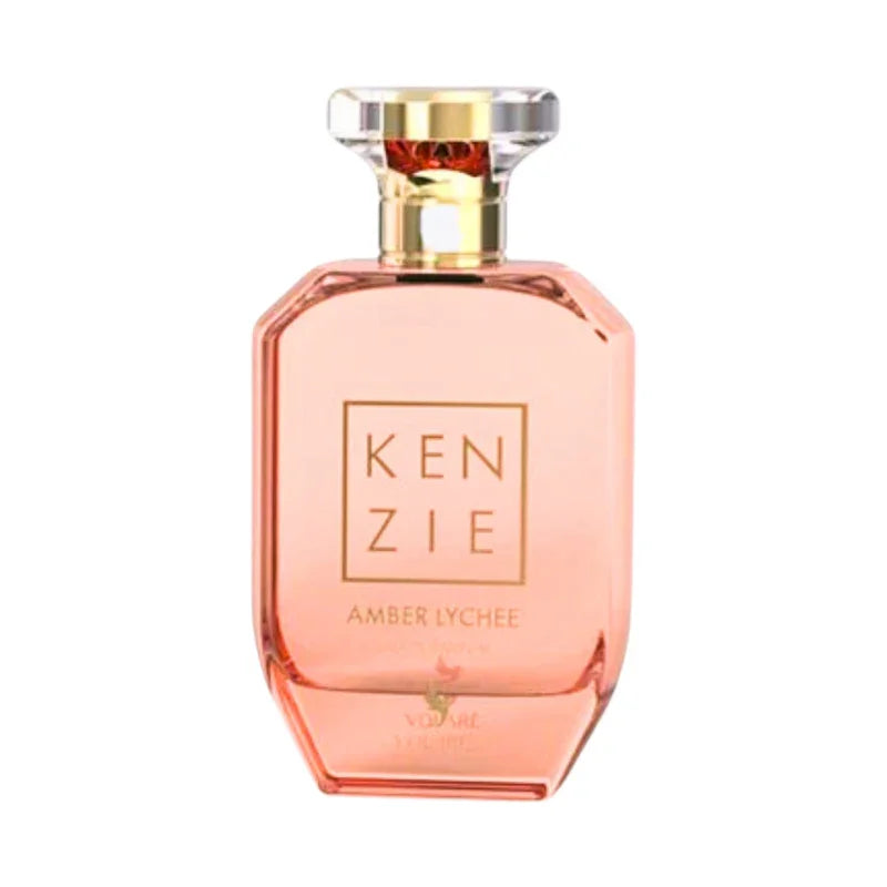 Parfum Kenzie Amber Lychee dans un flacon élégant de couleur rose pêche.