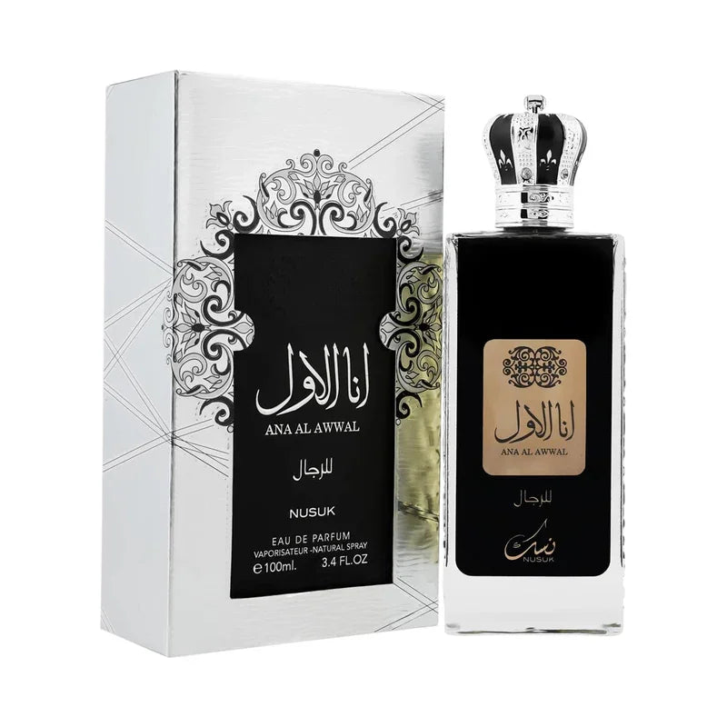 Parfum pour homme Ana Al Awwal de Nusuk, flacon noir et boîte élégante 100ml.