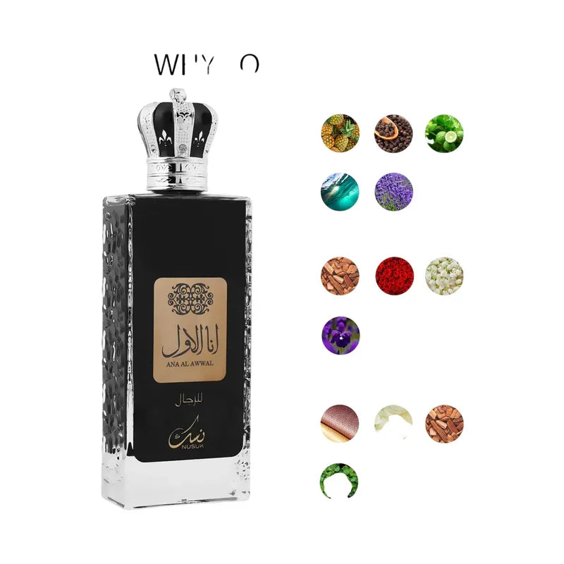 Parfum Ana Al Awwal pour homme avec notes olfactives de bois, fleurs et épices