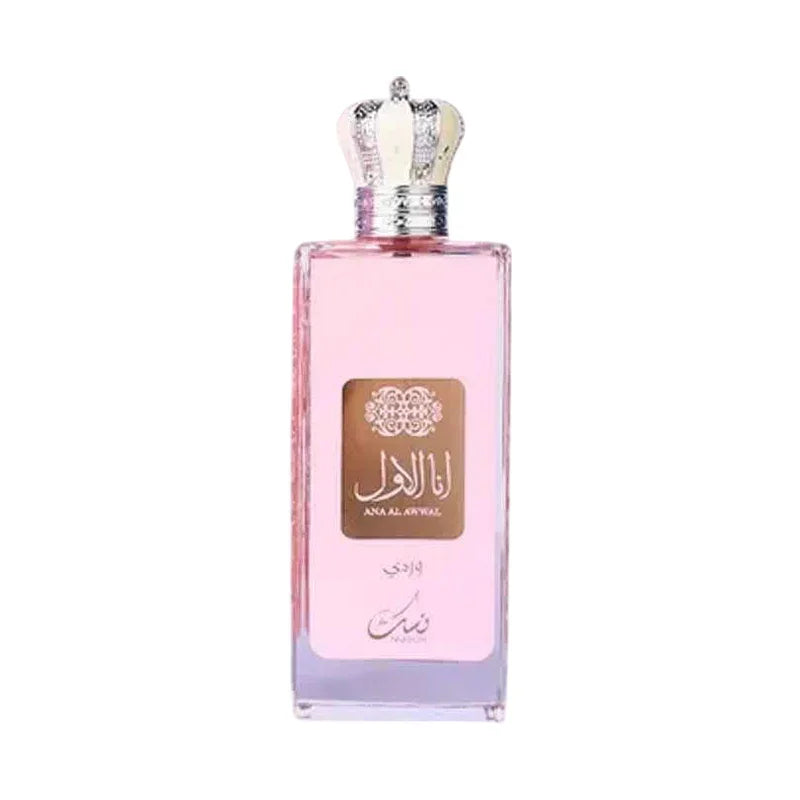 Flacon de parfum rose avec bouchon couronne argentée et étiquette dorée Ana Al Awwal