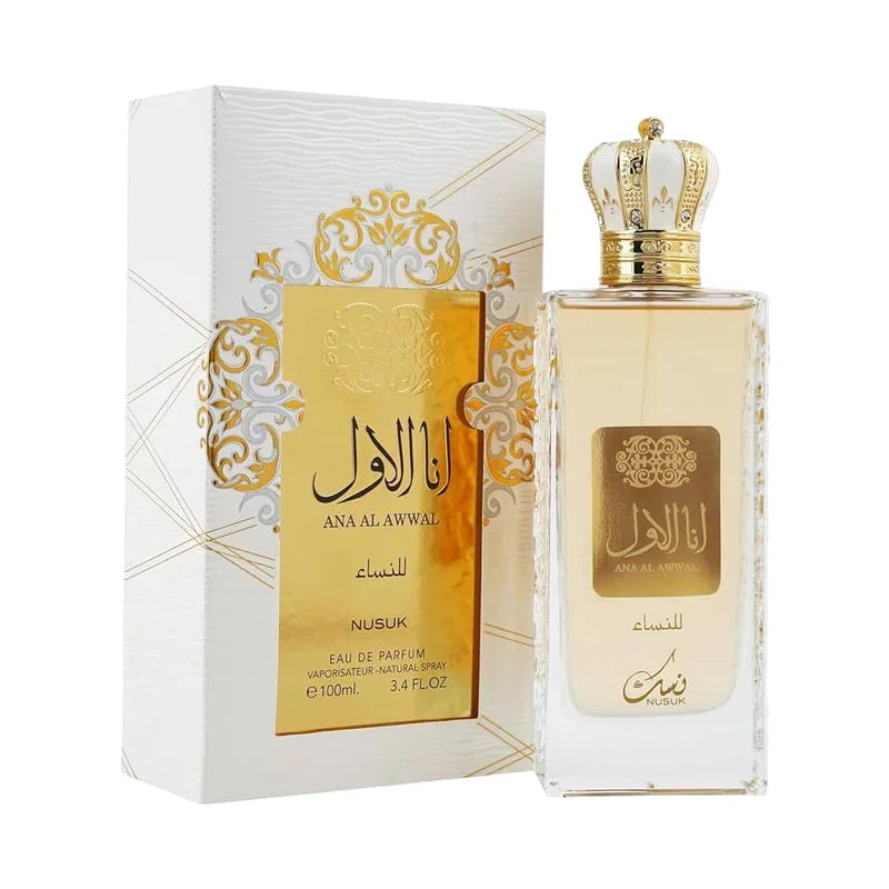 Parfum Ana Al Awwal de Nusuk, eau de parfum pour femme en flacon doré et boîte élégante.