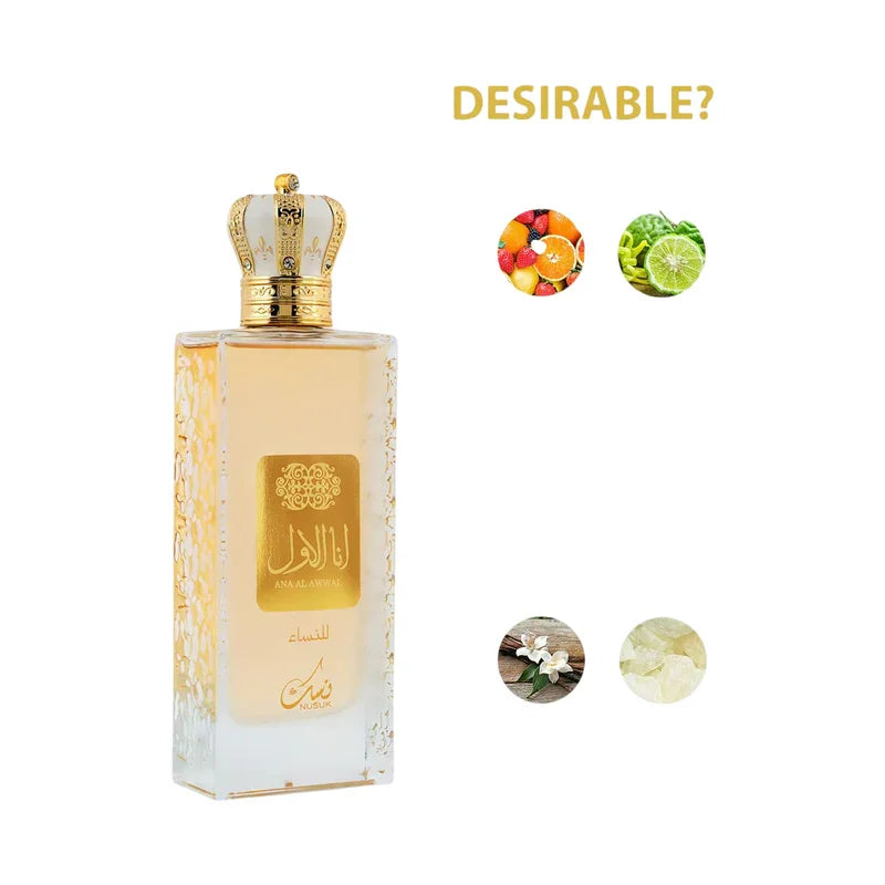 Parfum Ana Al Awwal de Nusuk avec notes d'agrumes, fleurs blanches et musc.