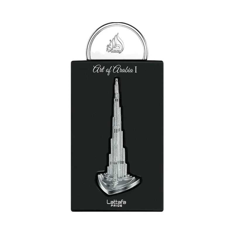 Flacon de parfum Lattafa Pride Art of Arabia I en forme de gratte-ciel argenté sur boîte noire