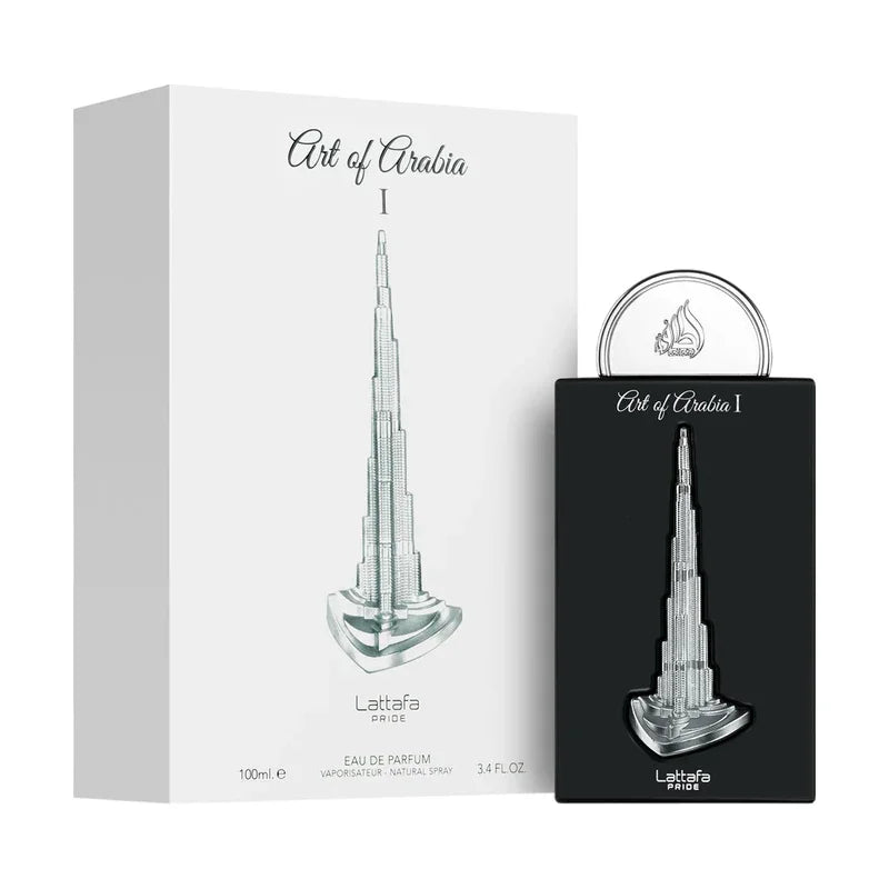 Flacon et boîte du parfum Lattafa Pride Art of Arabia I en forme de gratte-ciel.