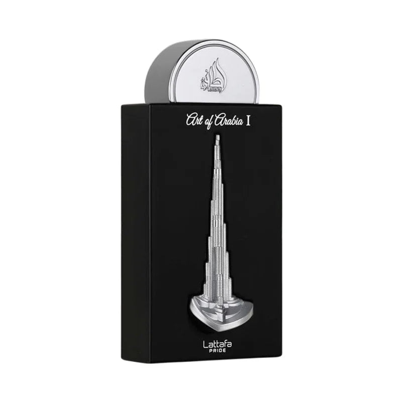 Parfum Lattafa Pride Art of Arabia I dans son coffret noir avec motif de gratte-ciel.