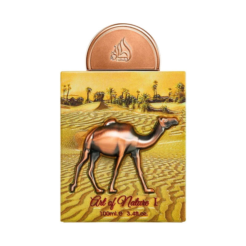 Flacon de parfum Art of Nature I avec relief de chameau et paysage de dunes de sable.
