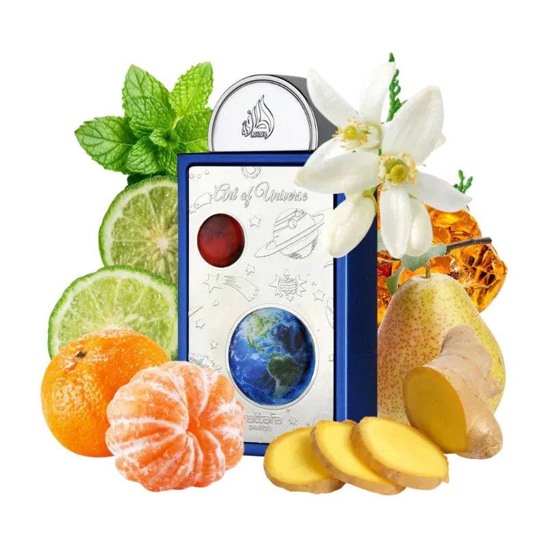 Parfum Art of Universe entouré de menthe, citron vert, mandarine, gingembre et fleurs blanches