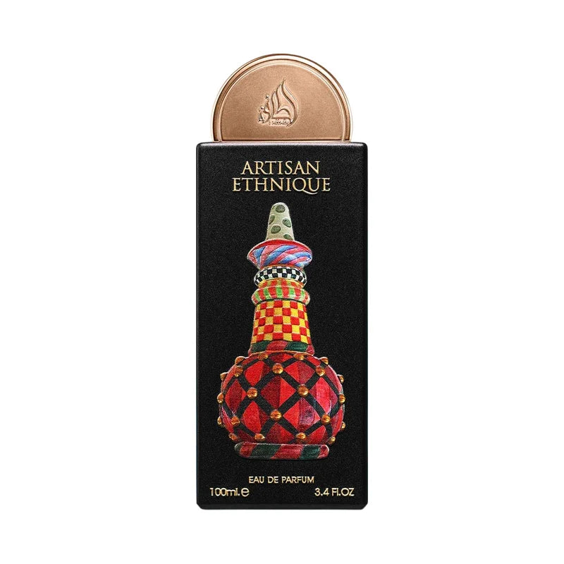 Flacon de parfum Eau de Parfum Artisan Ethnique aux motifs colorés et ethniques.