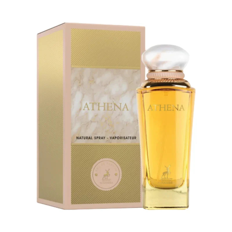 Parfum Athena en flacon doré avec bouchon effet marbre et son coffret élégant.