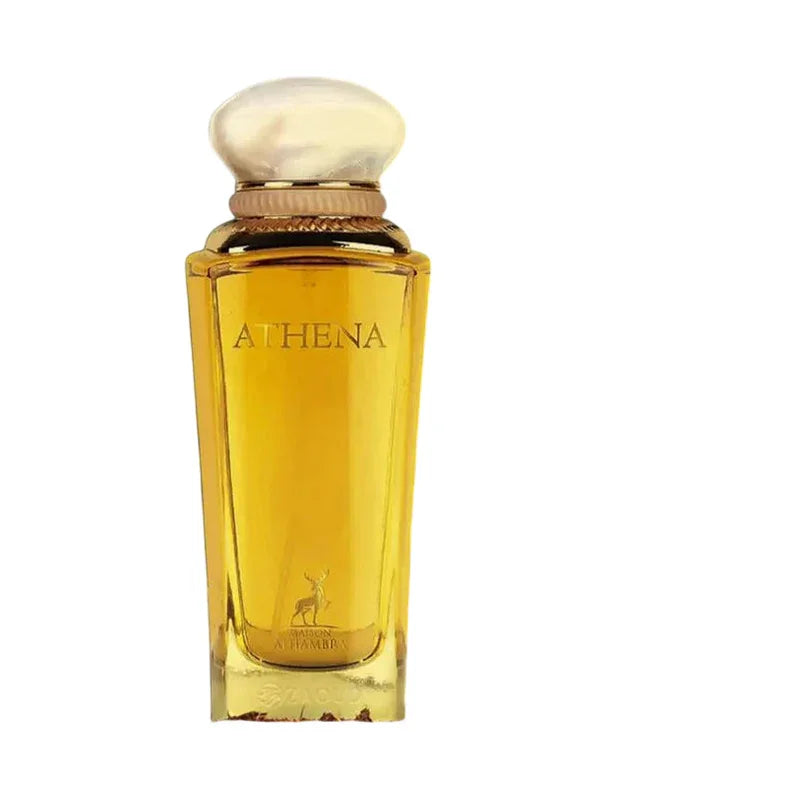 Flacon de parfum Athena de Alhambra avec bouchon nacré sur fond blanc
