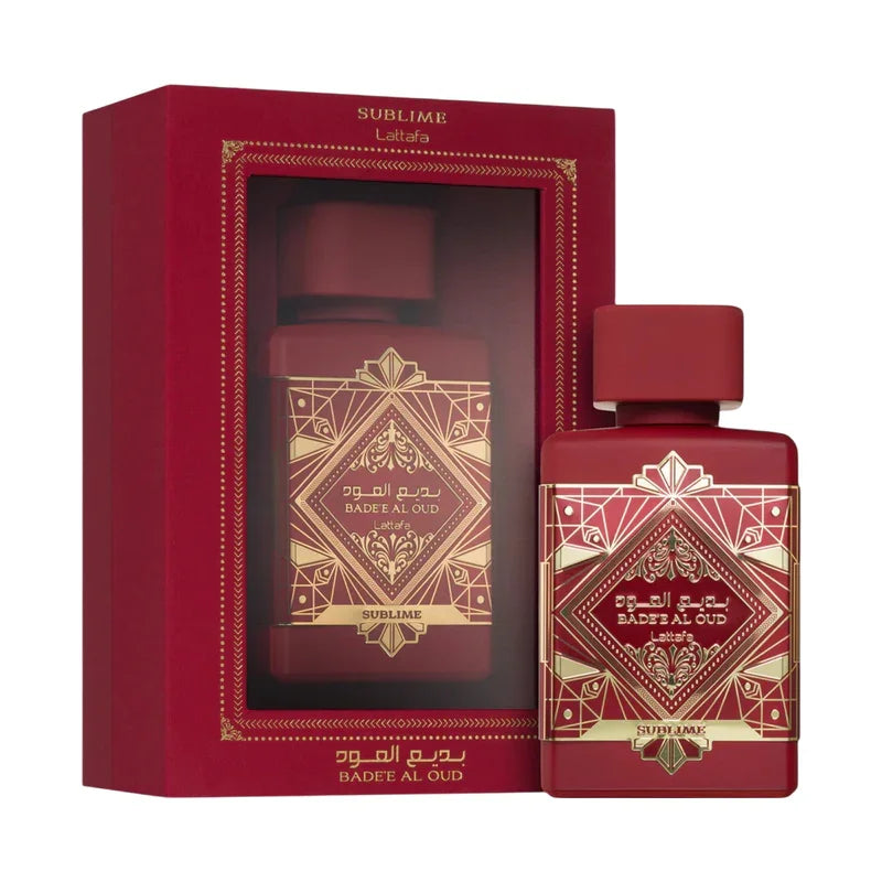Parfum Bade'e Al Oud Sublime de Lattafa dans son coffret cadeau rouge et doré.