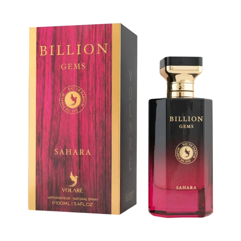Parfum Billion Gems Sahara de Volare, flacon noir et rose et son coffret élégant.