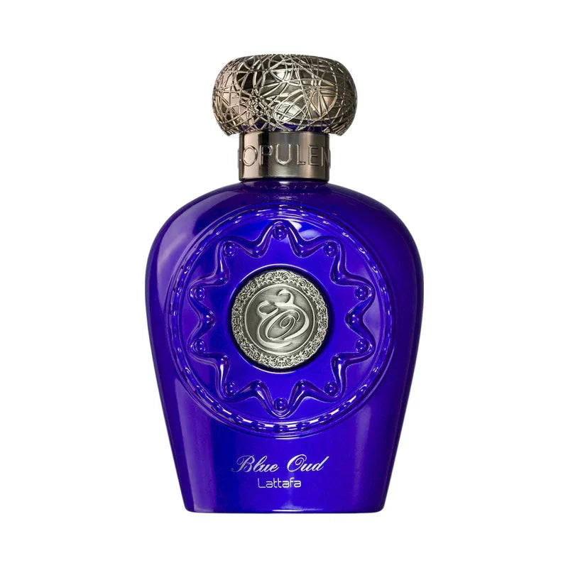 Parfum Blue Oud de Lattafa dans un flacon bleu intense avec bouchon argenté travaillé.