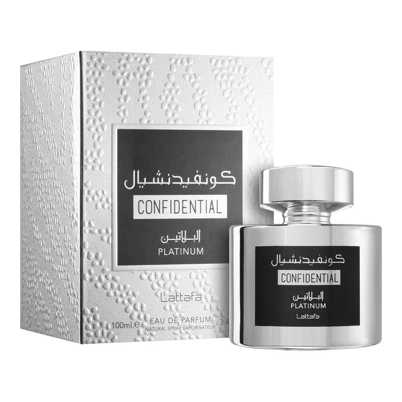 Parfum Lattafa Confidential Platinum, eau de parfum 100ml, flacon argenté et boîte texturée élégante