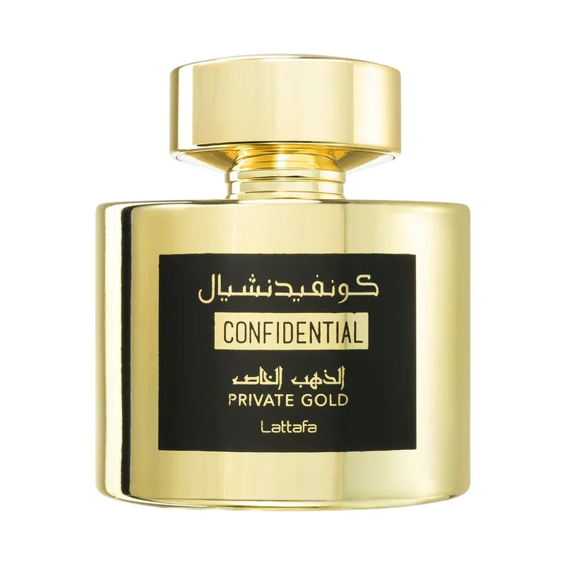 Flacon doré parfum Confidential Private Gold Lattafa, design luxueux et élégant