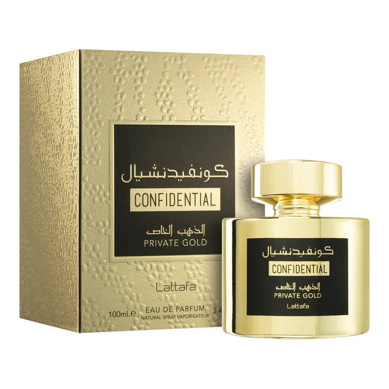 Parfum Lattafa Confidential Private Gold, flacon doré et boîte luxe, eau de parfum 100ml