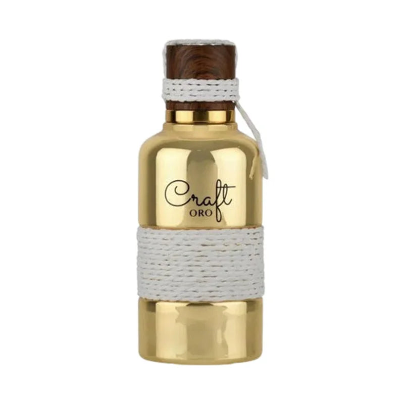 Flacon de parfum doré Craft Oro avec bouchon en bois et détails en corde blanche