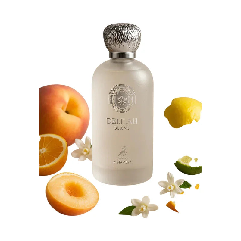 Parfum Delilah Blanc d'Alhambra entouré de pêche, orange et fleurs blanches