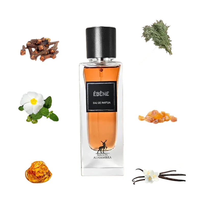 Ébène Eau de Parfum, flacon élégant avec notes de clou de girofle, vanille et résine, par Maison Alhambra