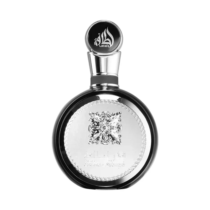 Flacon de parfum Lattafa Precious Jasmine élégant avec détails argentés