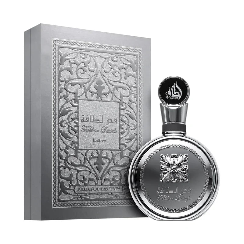 Parfum Fakhar Lattafa en flacon argenté avec boîte décorative, fragrance orientale luxueuse