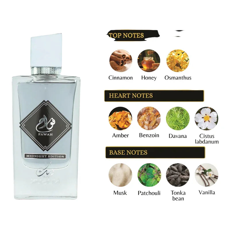 Parfum Fawah Midnight Edition avec notes de cannelle, miel, ambre, musc et vanille.