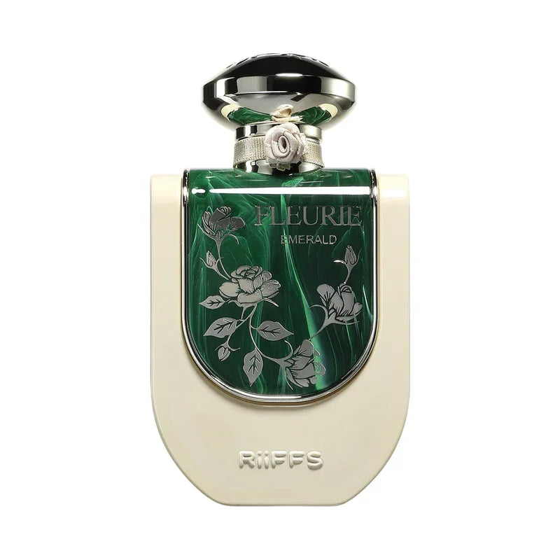 Parfum Fleurie Emerald de Riffs dans un flacon élégant vert émeraude et crème