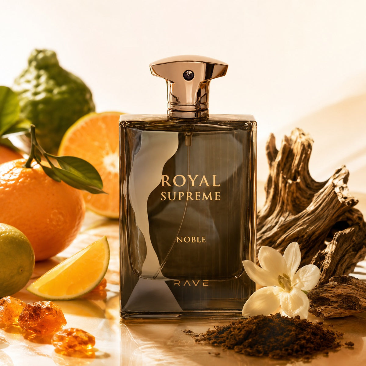 ARVOLA_SHOWCASE — Royal Supreme Noble, photo artistique (Bergamote, Mandarine, Citron, Pamplemousse, Oud, Musc)