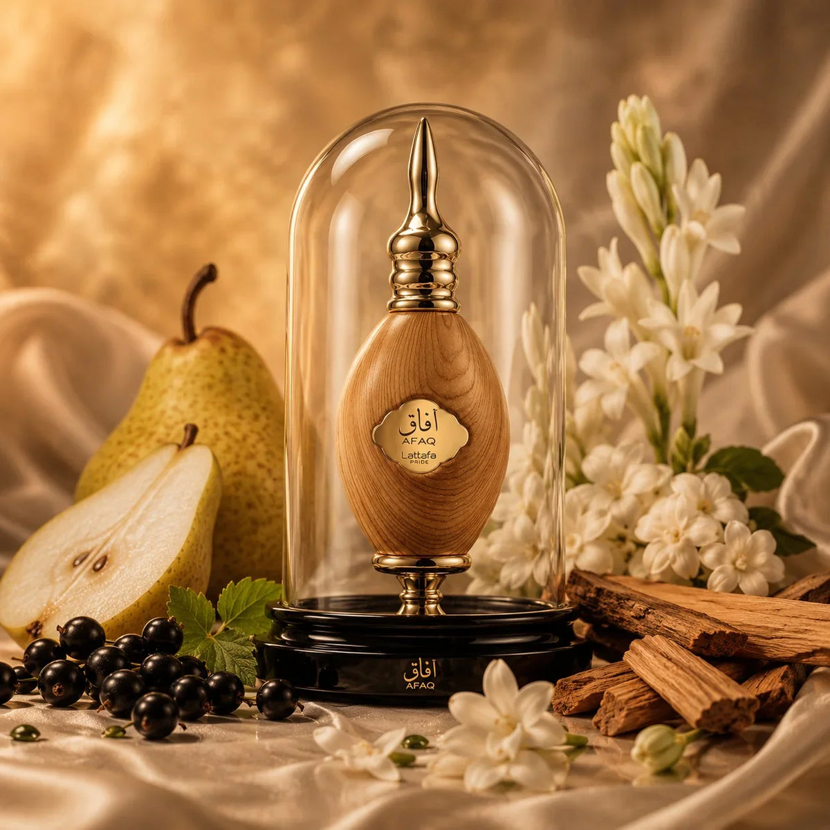 ARVOLA_SHOWCASE — Afaq Lattafa Pride, photo artistique (cassis, poire, tubereuse, jasmin, bois de santal)