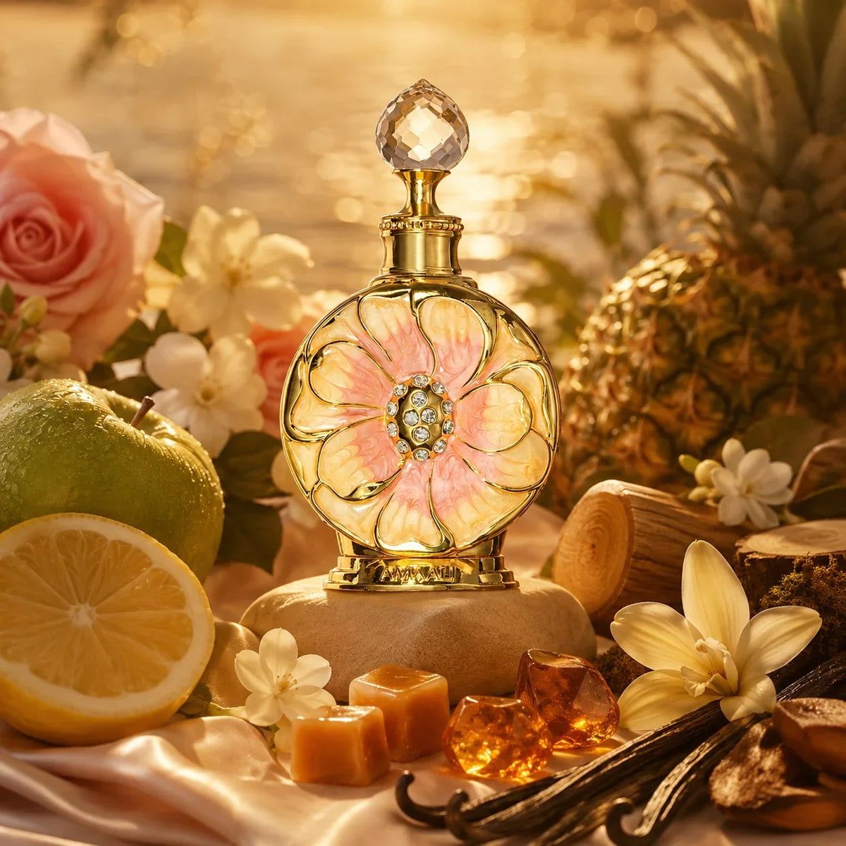 ARVOLA_SHOWCASE — Amaali Oil Swiss Arabian, photo artistique (citron, pomme, ananas, rose, jasmin, musc, vanille, caramel, ambre, bois de santal, cedre)