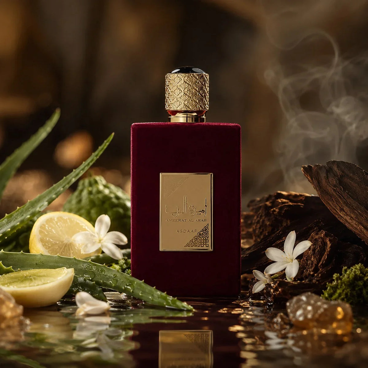 ARVOLA_SHOWCASE — Ameerat Al Arab Fresh Asdaaf, photo artistique (agrumes, bergamote, musc blanc, aloe vera, jasmin, musc, notes boisees, oud)