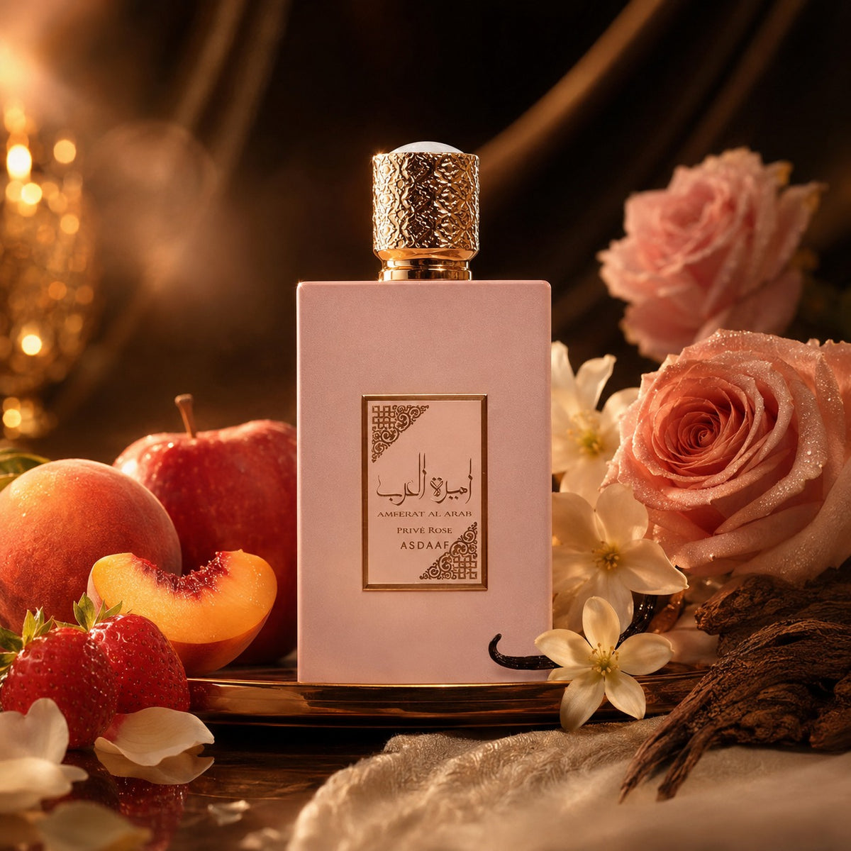 ARVOLA_SHOWCASE — Ameerat Al Arab Prive Rose Asdaaf, photo artistique (fraise, musc, pêche, rose, vanille, pomme, musc blanc, bois de cachemire)