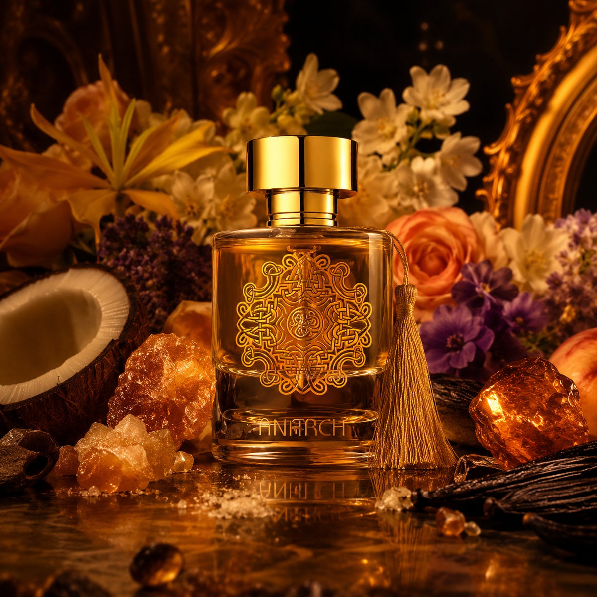 ARVOLA_SHOWCASE — Anarch Lattafa, photo artistique (ylang-ylang, jasmin, bergamote, lys, violette, rose de damas, héliotrope, pêche, fleur de poirier, noix de coco, ambre, vanille, bois de cachemire, sucre, fève tonka)
