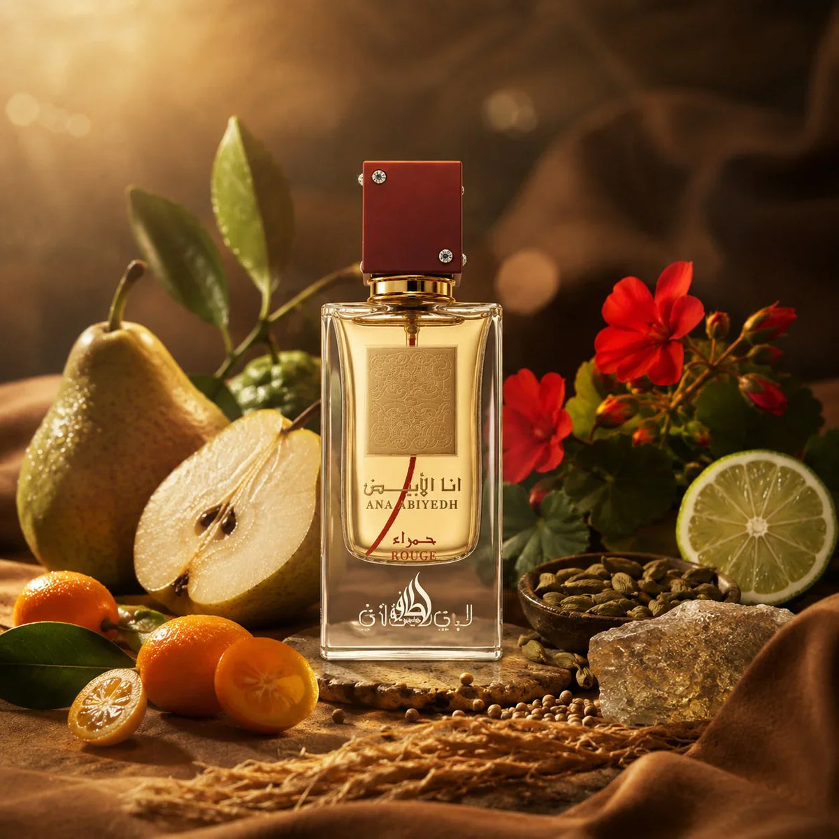 ARVOLA_SHOWCASE — Ana Abiyedh Rouge Lattafa, photo artistique (poire, kumquat, bergamote, geranium, cardamome, coriandre, ambre gris, daim, vetiver)