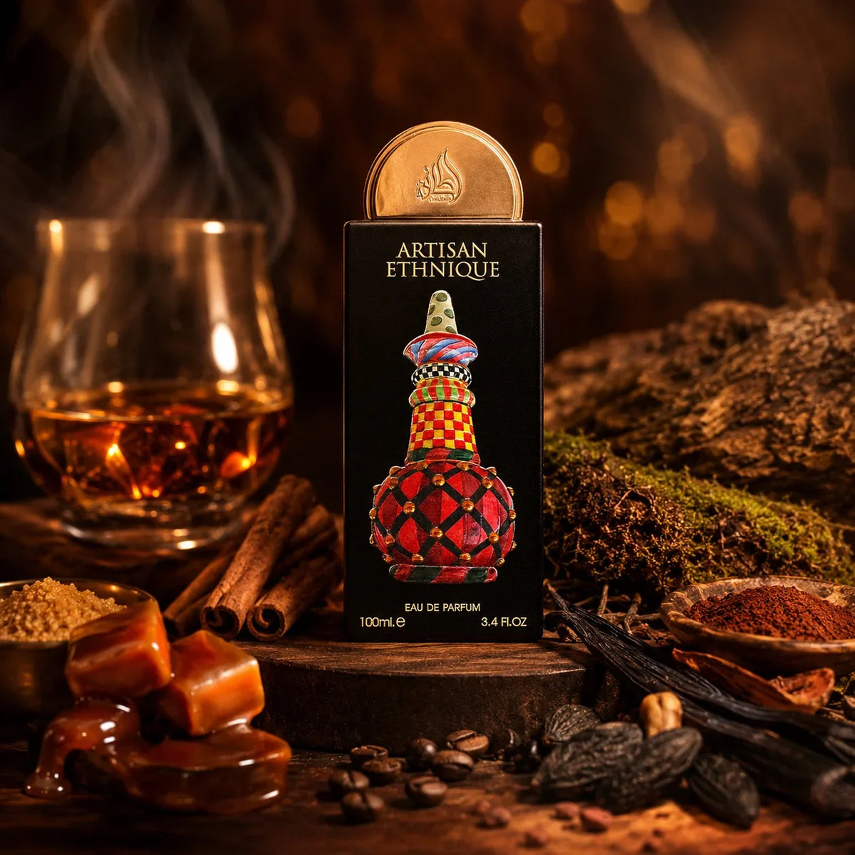 ARVOLA_SHOWCASE — Artisan Ethnique Lattafa Pride, photo artistique (liqueur, cannelle, sucre, caramel, cafe, cacao, mousse de chene, vanille, bois de cachemire, feve tonka)