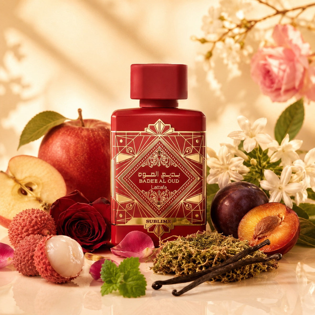 ARVOLA_SHOWCASE — Badee Al Oud Sublime Lattafa, photo artistique fond clair (pomme, litchi, rose, prune, jasmin, mousse, vanille, patchouli)