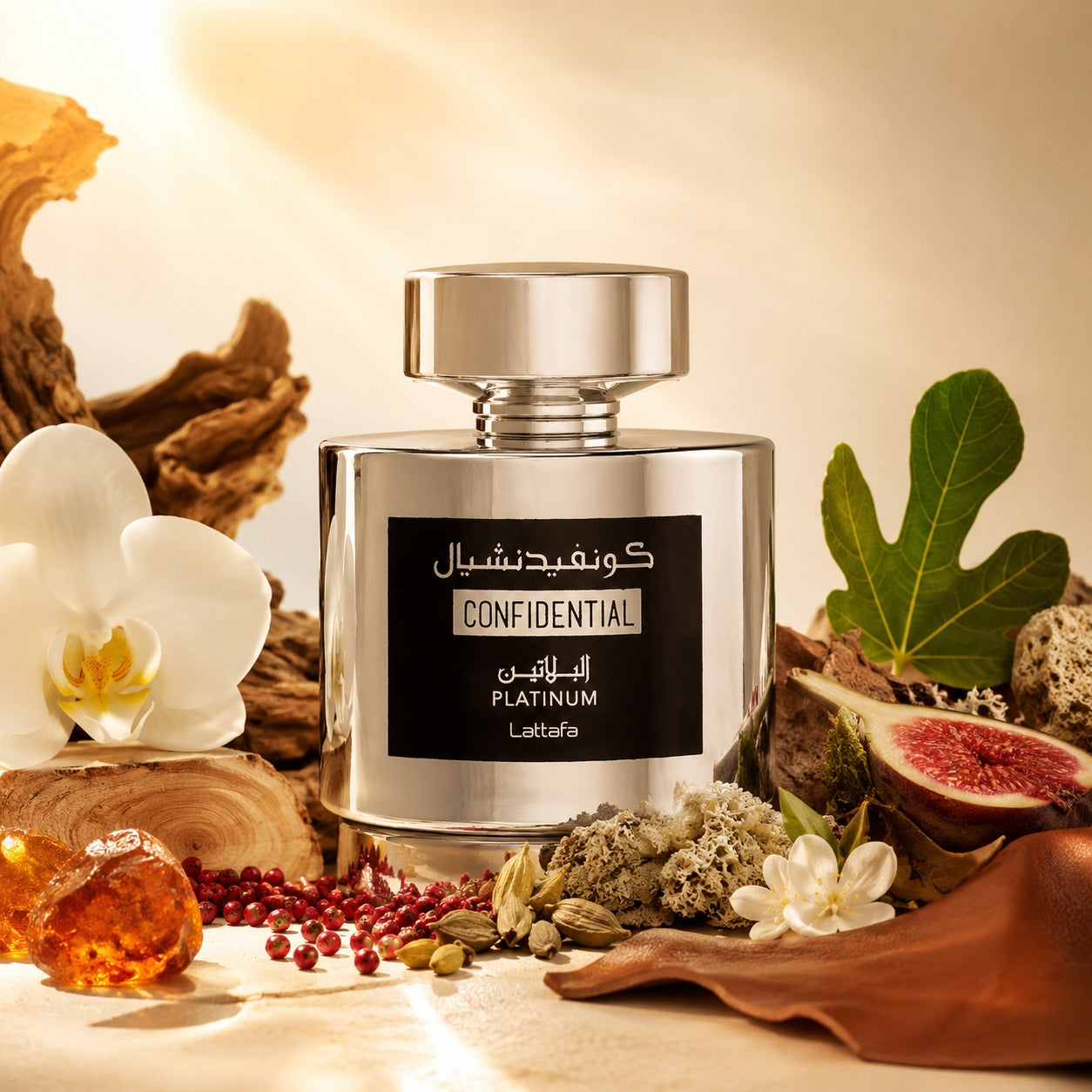 ARVOLA_SHOWCASE — Confidential Platinum Lattafa, photo artistique fond clair (orchidée, ambre, cèdre, myrrhe, mousse de chêne, gaïac, poivre rose, figue, cardamome, musc, bergamote, jasmin, cuir, vanille, ambre gris)