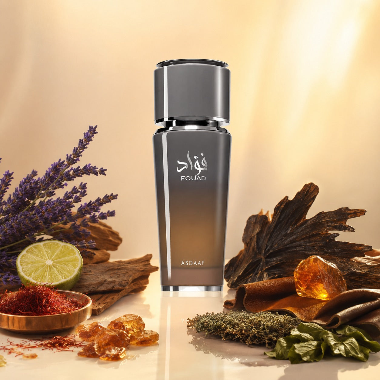 ARVOLA_SHOWCASE — Fouad Asdaaf, photo artistique fond clair (lavande, safran, bergamote, cèdre de l'atlas, oud, ambre, cuir, musc, patchouli, résine)