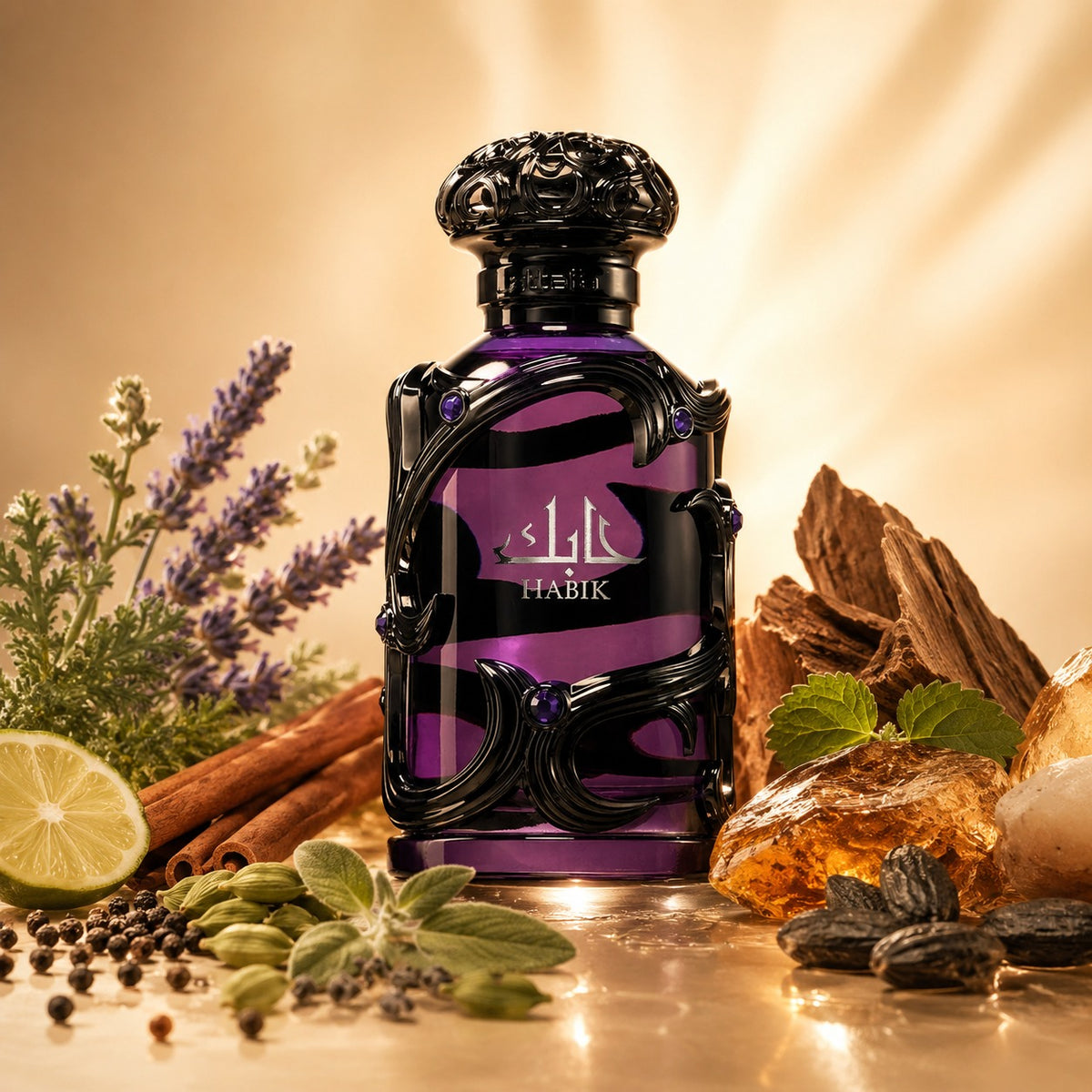 ARVOLA_SHOWCASE — Habik For Men Lattafa, photo artistique fond clair (armoise, poivre noir, cardamome, bergamote, lavande, sauge, cannelle, bois d'ambre, patchouli, bois de santal, fève tonka, musc)