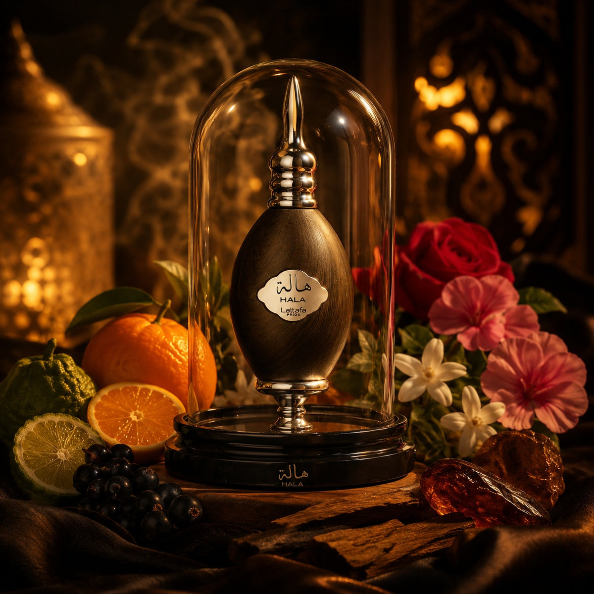 ARVOLA_SHOWCASE — Hala Silver Lattafa Pride, photo artistique (cassis, mandarine, bergamote, geranium, rose, jasmin, musc, ambre, santal)